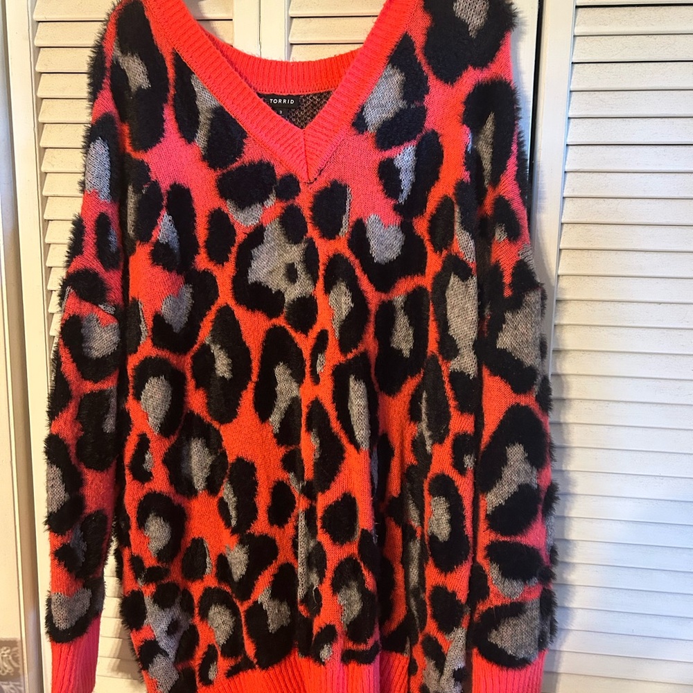 Torrid V-Neck Red and Black Leopard Sweater
